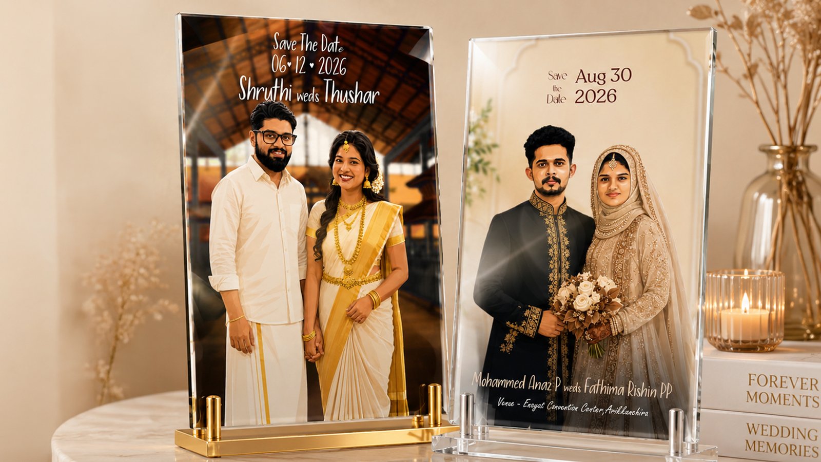 Crystal glass wedding photo frame keepsake